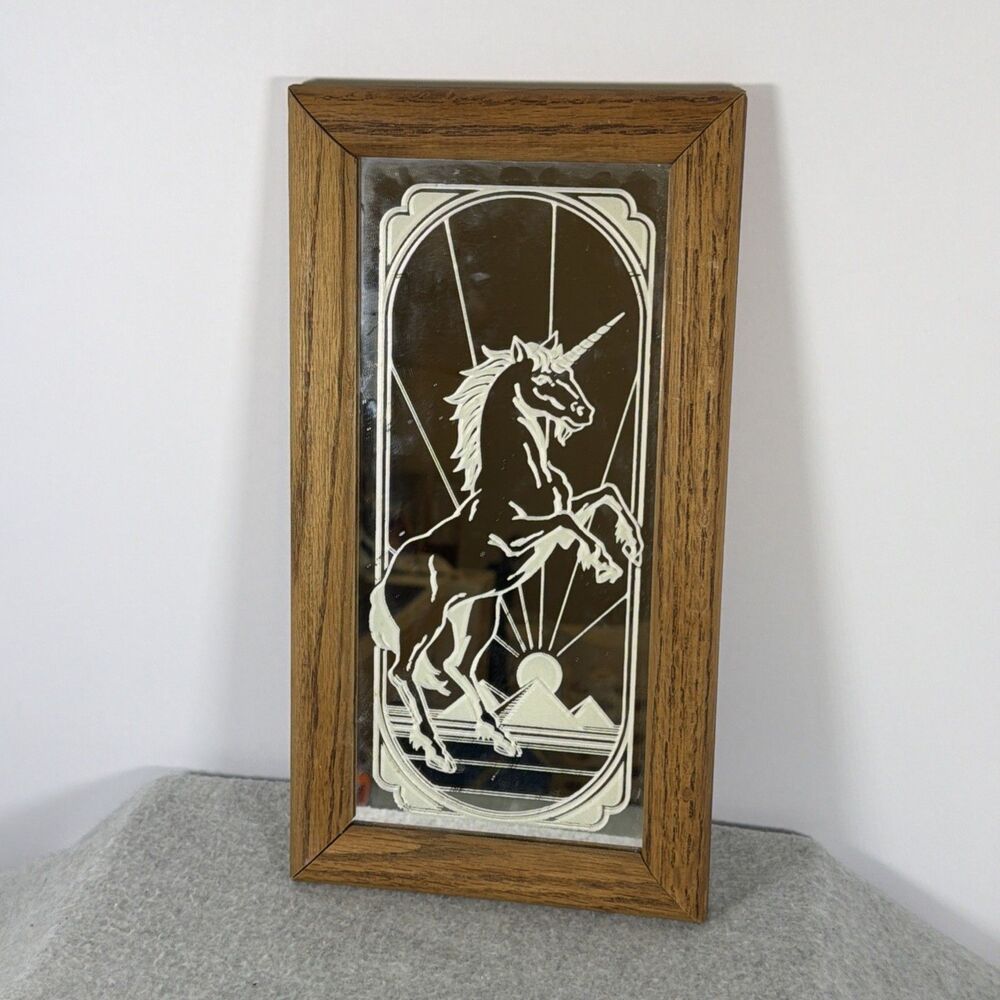 Vintage 80's Unicorn Mirror Wood Frame 12" x 6.5" x 1" Pyramids Sun Rays